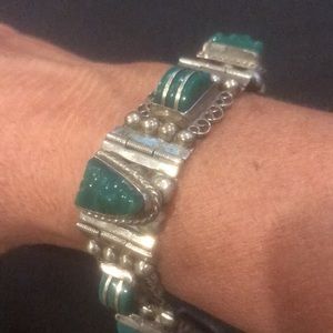 Vintage Silver Mexico green onyx Jade bracelet